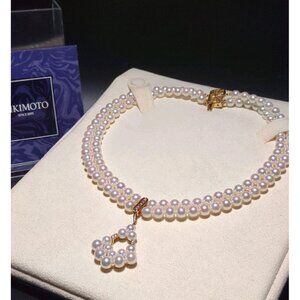 Mikimoto 6-6.44mm 2 double strand akoya diamond necklace w/pendant Gold18k case